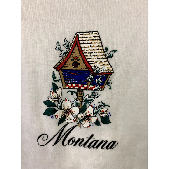 90s Vintage Le Riche M Medium Red White Montana MT Birdhouse Short Sleeve Shirt - Picture 2 of 10